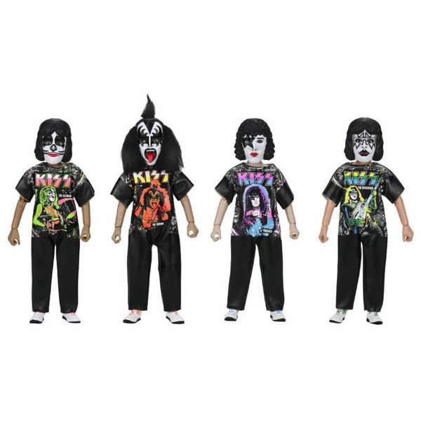 Four action figures wearing KISS-themed outfits on a white background