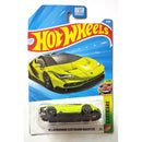 A Hot Wheels die-cast toy car in its original blister pack packaging, featuring a lime green and black '2016 Lamborghini Centenario Roadster.