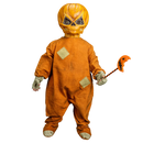 Child wearing a pumpkin costume with a mask on a white background