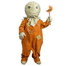 A child's Halloween costume featuring an orange jumpsuit with beige patches and a stitched face, holding a jack-o'-lantern wand, isolated on a white background.