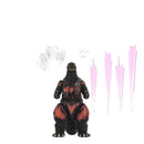 Godzilla Action figure of a monster with a black and red design, surrounded by white and pink objects on a white background.