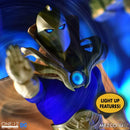 Action figure with glowing blue eyes and light-up features, branded as Mezco Toyz.