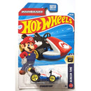 A packaged Mario Kart Hot Wheels toy car on a printed blister card. The card shows the Hot Wheels logo, Mario Kart branding, a large Mario illustration, and the text 'Standard Kart' and 'Screen Time.