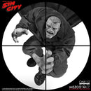 Black and white action figure of a character from 'Sin City' by Mezco Toyz, displayed in a circular view.