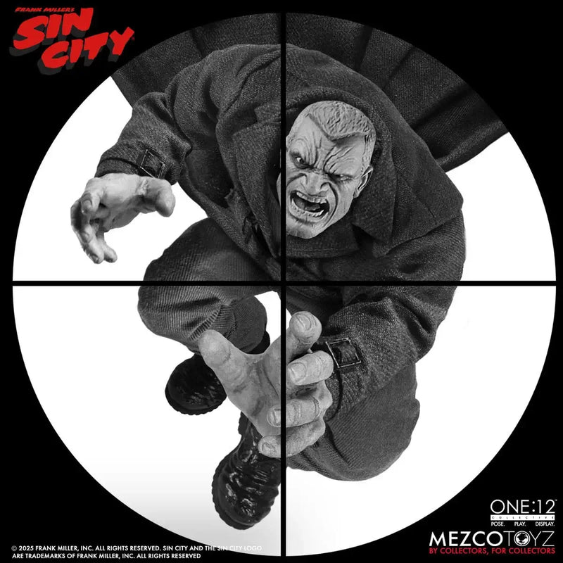 Black and white action figure of a character from 'Sin City' by Mezco Toyz, displayed in a circular view.