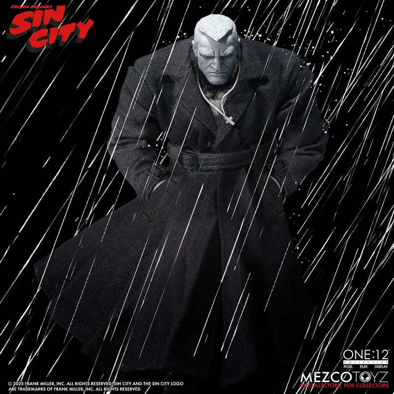 Character from 'Sin City' in a rainstorm with Mezco Toyz branding.