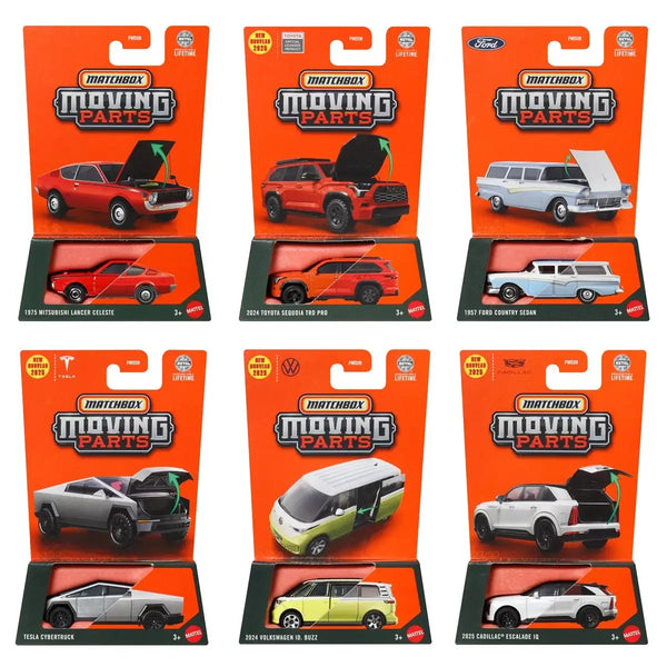 Collection of Matchbox toy car packages with various models on an orange background.