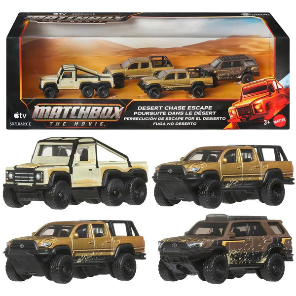 Matchbox The Movie Desert Chase Escape toy set featuring four die-cast off-road vehicles: a tow truck, a pickup, a pickup with trailer, and an SUV, shown both inside the retail box and individually on a white background.