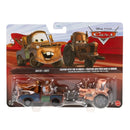 Disney Pixar Cars die-cast toy set featuring Mater and HATE tractor tow truck set in its original blister card packaging.