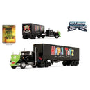 A die-cast model toy truck and trailer set from Maximum Overdrive, featuring a black semi-truck with a green monster face on the cab and a black trailer printed with 'Happy Toyz' in colorful letters.