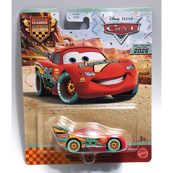 Disney Pixar Cars Lightning McQueen 2026 die-cast toy car, featuring teal and yellow graphics.
