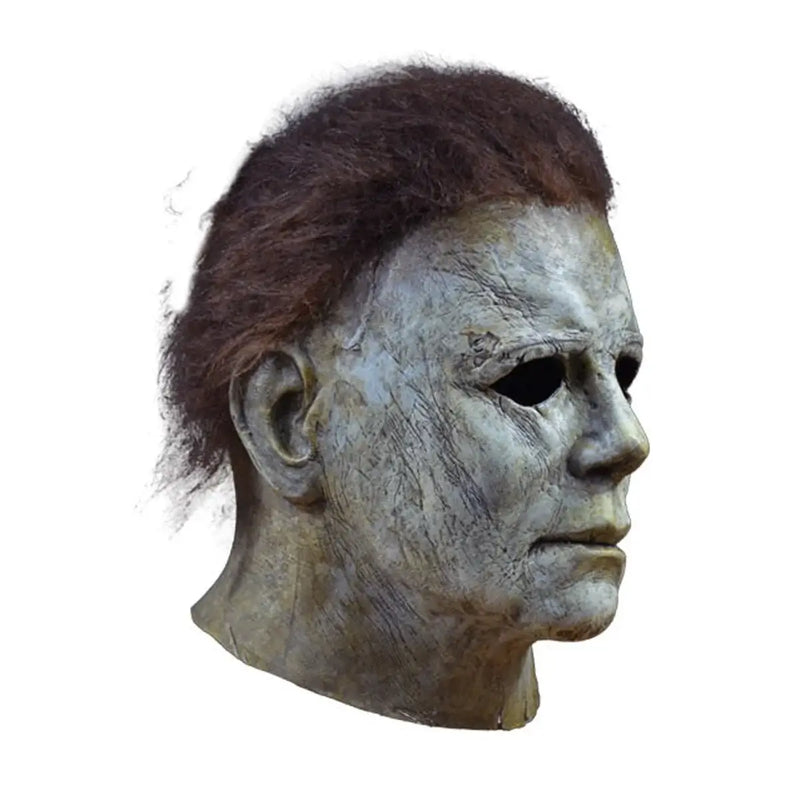 Halloween-themed Myers mask with brown hair on a white background
