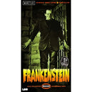 Front cover of a Lobo Monsters Frankenstein all-plastic assembly kit, featuring a green-tinted illustration of the character in a dark suit, with the title 'FRANKENSTEIN' in large orange and yellow letters at the bottom.