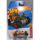 Hot Wheels Mountain Mauler toy car with a green and yellow design with red wheels.