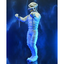 Iron Maiden Mummy Eddie 8-Inch Clothed NECA Action Figure, left side view of figure with mouth closed shut and shackles hanging from wrists