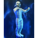 Iron Maiden Mummy Eddie 8-Inch Clothed NECA Action Figure, side view of figure, mouth closed shut, with shackles hanging down from wrists