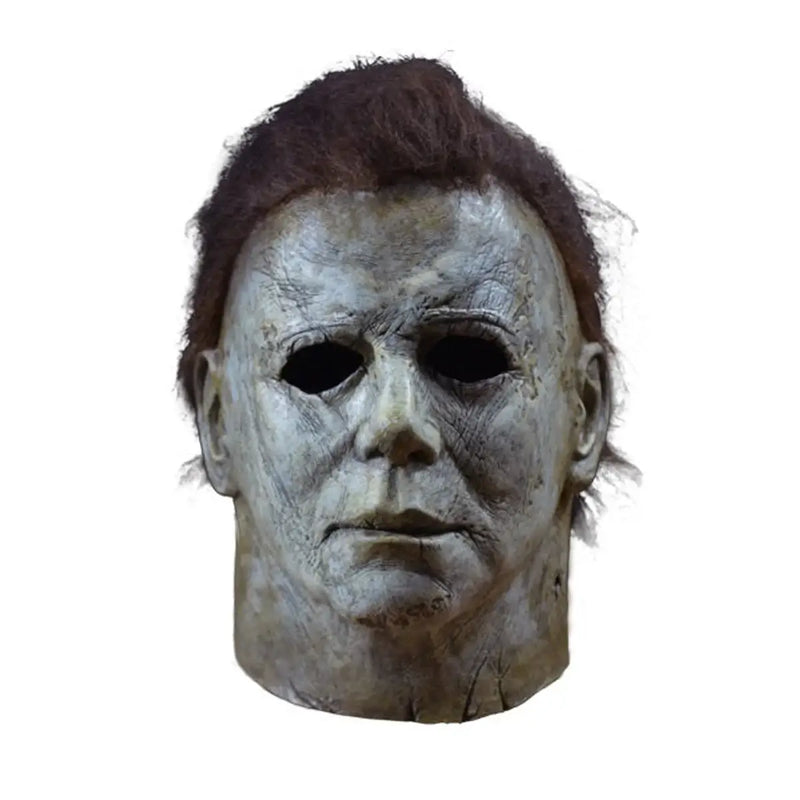 Halloween Myers mask with brown hair on a white background