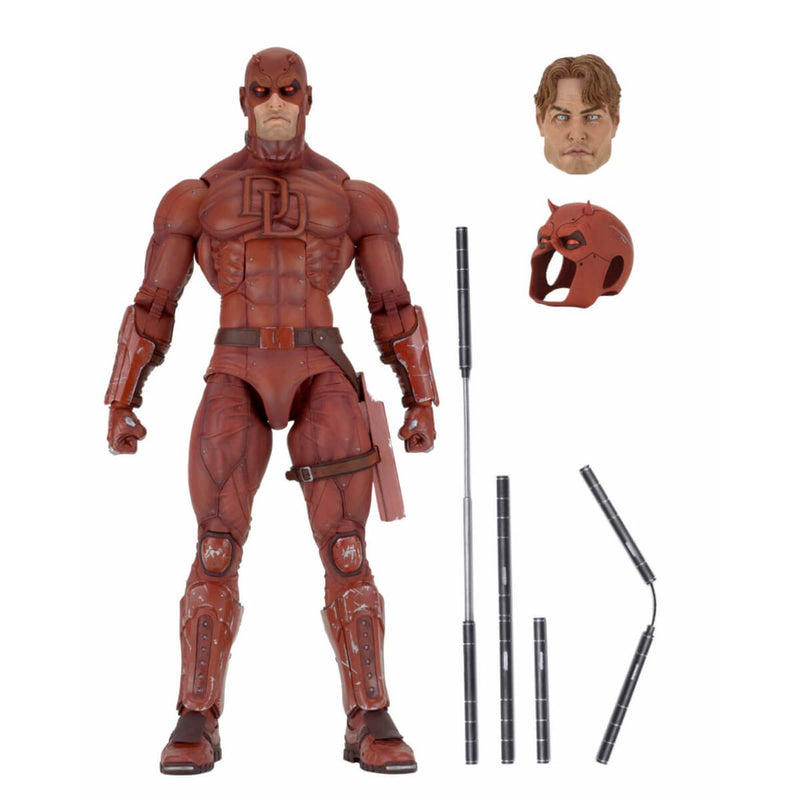 Action figure of Daredevil in red costume with interchangeable parts on a white background