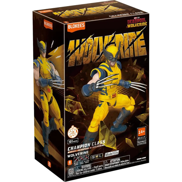 Boxed figure of Wolverine character in yellow and blue costume with claws, on a white background.