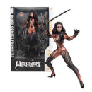 Witchblade action figure posed beside its retail box on a white background. The figure wears a metallic copper-and-black bodysuit, has long dark hair, and holds a sword.