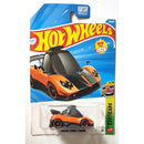 Hot Wheels Exotic Cars Pagani Zonda Cinque die-cast toy car in its original blister card packaging, featuring an orange and black sports car design.