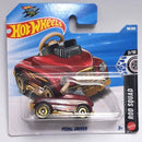 Hot Wheels Rod Squad Pedal Driver die-cast toy car in its original blister card packaging, featuring a red car with gold flame decals and a tan steering wheel.
