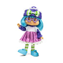 A stylized doll with bright blue hair, purple polka-dot glasses, a purple and white outfit with a pink skirt, green striped socks, and blue shoes, shown on a plain white background.