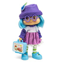 A Strawberry Shortcake doll with blue hair, wearing a purple hat, purple polka-dot long-sleeve top, pink skirt, green striped tights, and blue shoes, holding a small blue lunchbox on a white background.