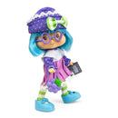 A Grapekin doll with bright blue hair, wearing a purple polka-dot beret, purple glasses, a purple and pink dress, green-and-white striped socks, and blue shoes, holding a grape cluster and a small black book against a white background.
