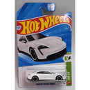 Hot Wheels Porsche Taycan Turbo S toy car in packaging on a white background