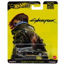 Hot Wheels Cyberpunk 2077 Quadra Turbo-R V-Tech toy car in packaging with character and vehicle illustration.