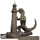 Statue of a prehistoric creature next to a lighthouse on a white background