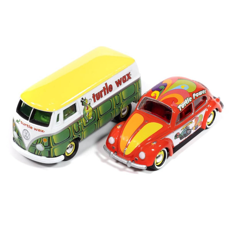 Johnny Lightning 2024 Themed 2-Packs R1B, 1964 Volkswagen Type 2 Transporter (Turtle Wax, Green &amp; White Turtle Shell Graphics) &
1965 Volkswagen Beetle (Turtle Wax, Red w/ Turtle Power Graphics)