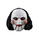 A horror-style mask with a bald white face, black hair, red eyes, and red spiral cheek details.