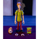Toy figure of a character from an animated show with smaller figures and a container on a dark background