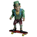 Leprechaun figure on a skateboard with green hat and coat