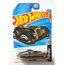 A Hot Wheels Screamliner toy car in its original blister card packaging, featuring a black and gold die-cast toy car with white flame accents on a blue and red backing card.