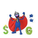 Blue superhero-like character with a red cape and silver helmet, standing between two green letters 'S' and 'G'.