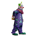 Colorful clown figurine with a purple outfit on a white background