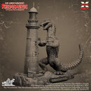 Model kit of Rhedosaurus next to a lighthouse on a textured background