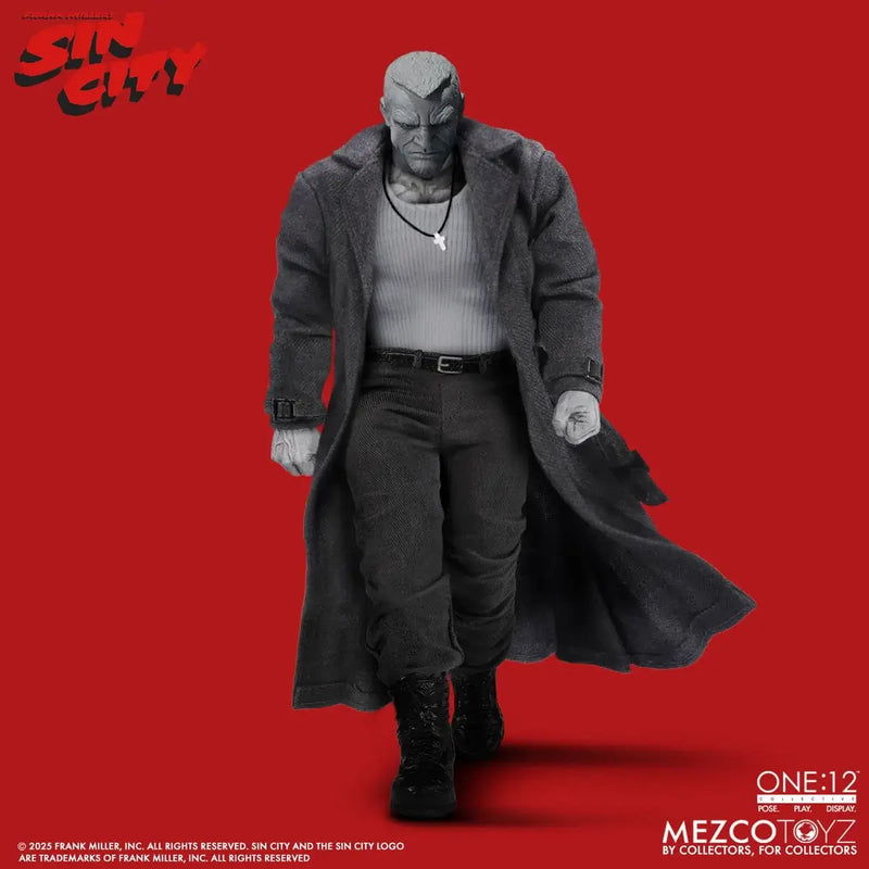 Action figure of a character from Sin City on a red background with Mezco Toyz branding.