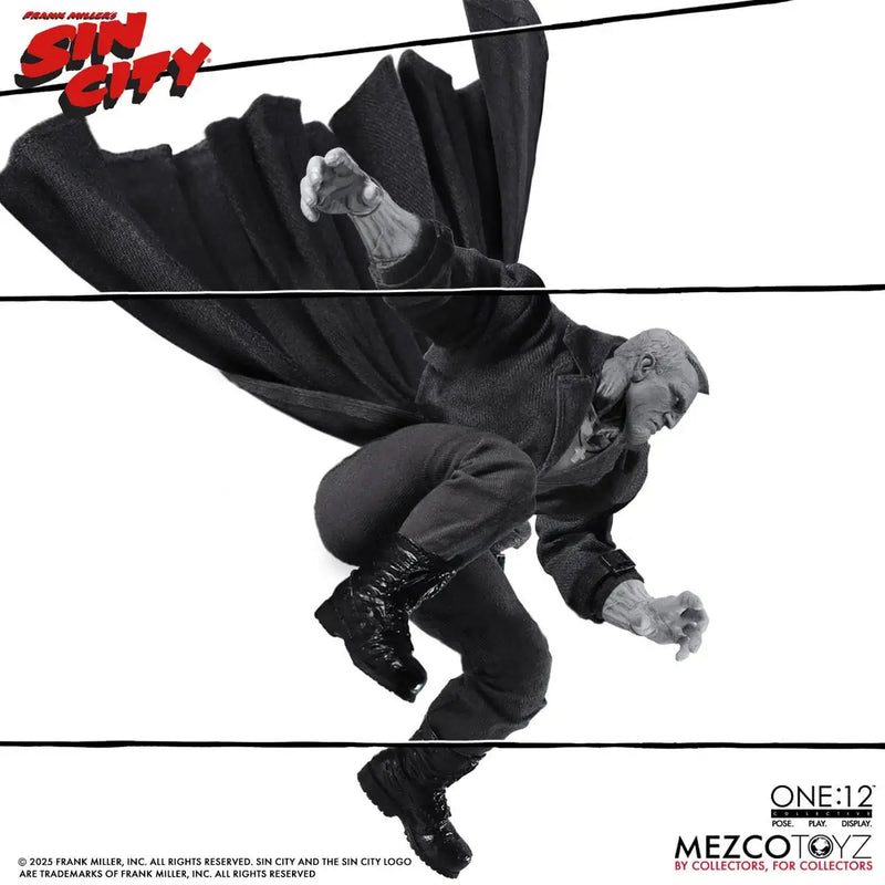 Action figure of a character from 'Sin City' with a cape, Mezco Toyz branding visible.