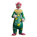 Colorful clown figurine with green suit, yellow stars, and pink hair on a white background
