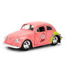 A pink toy model car styled like a classic Volkswagen Beetle, featuring a cartoon Patrick Star face on the side door and a lime green front bumper.