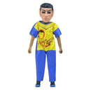 A Star Trek Mr. Spock character doll or figurine wearing a yellow and blue Star Trek insignia shirt and blue pants, standing against a plain white background.