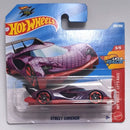 Hot Wheels Let's Race Street Shrieker die-cast toy car in its original blister card packaging, featuring a purple and red snake-skin patterned design.