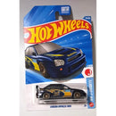 A Hot Wheels die-cast model car of the Subaru Impreza WRX, still in its original blister pack packaging. The packaging features a blue background with the iconic red and yellow Hot Wheels logo.