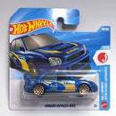 Hot Wheels Mattel Subaru Impreza WRX die-cast toy car in its original blister card packaging, featuring a blue and yellow rally car design.