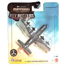 Matchbox The Movie Sky Busters C-130J Super Hercules toy airplane in its original blister card packaging, featuring a dark gray plastic aircraft on a blue and yellow backing card.