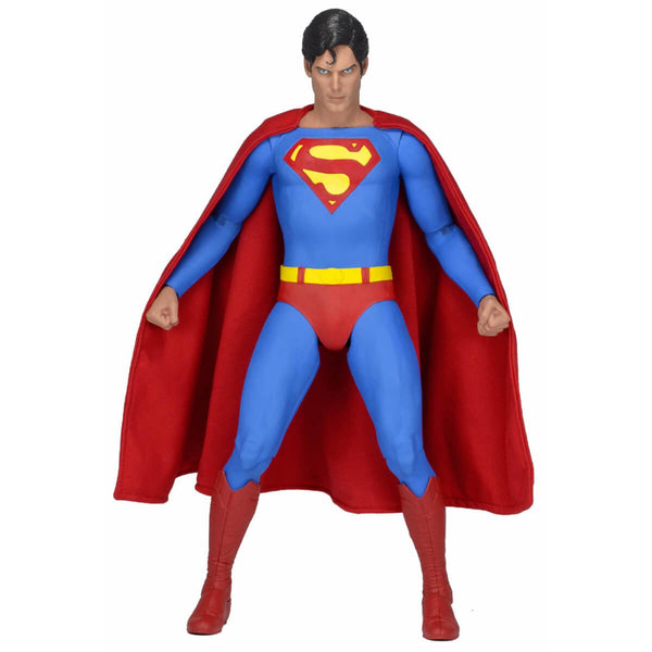 Superman (Reeve) NECA action figure with red cape and blue suit on a white background